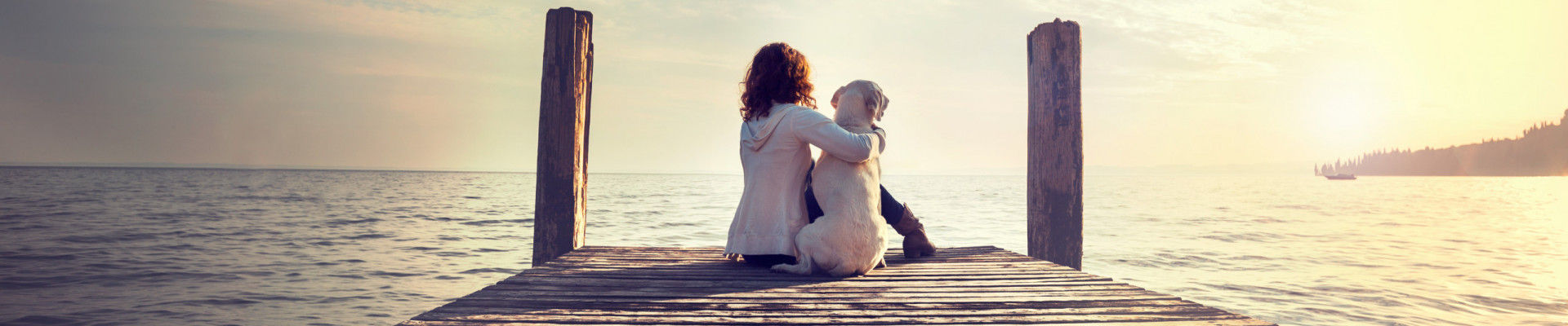 woman embracing sweetly his dog while looking the view